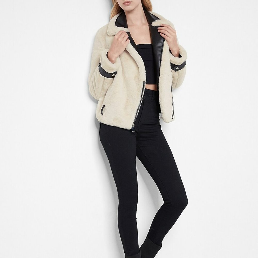 Faux Fur & Leather Trim Moto Jacket